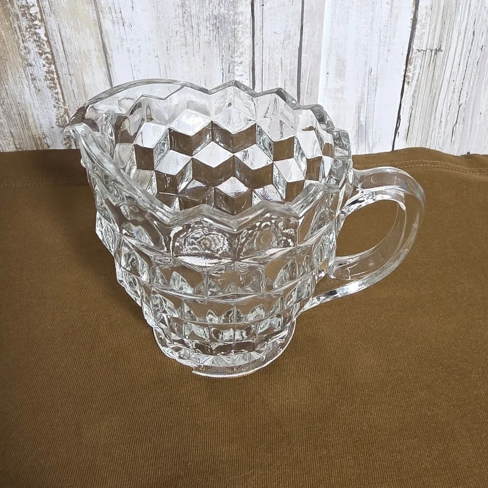 Vintage Fostoria American Clear Glass Creamer and Sugar Bowl Set Diamond Point